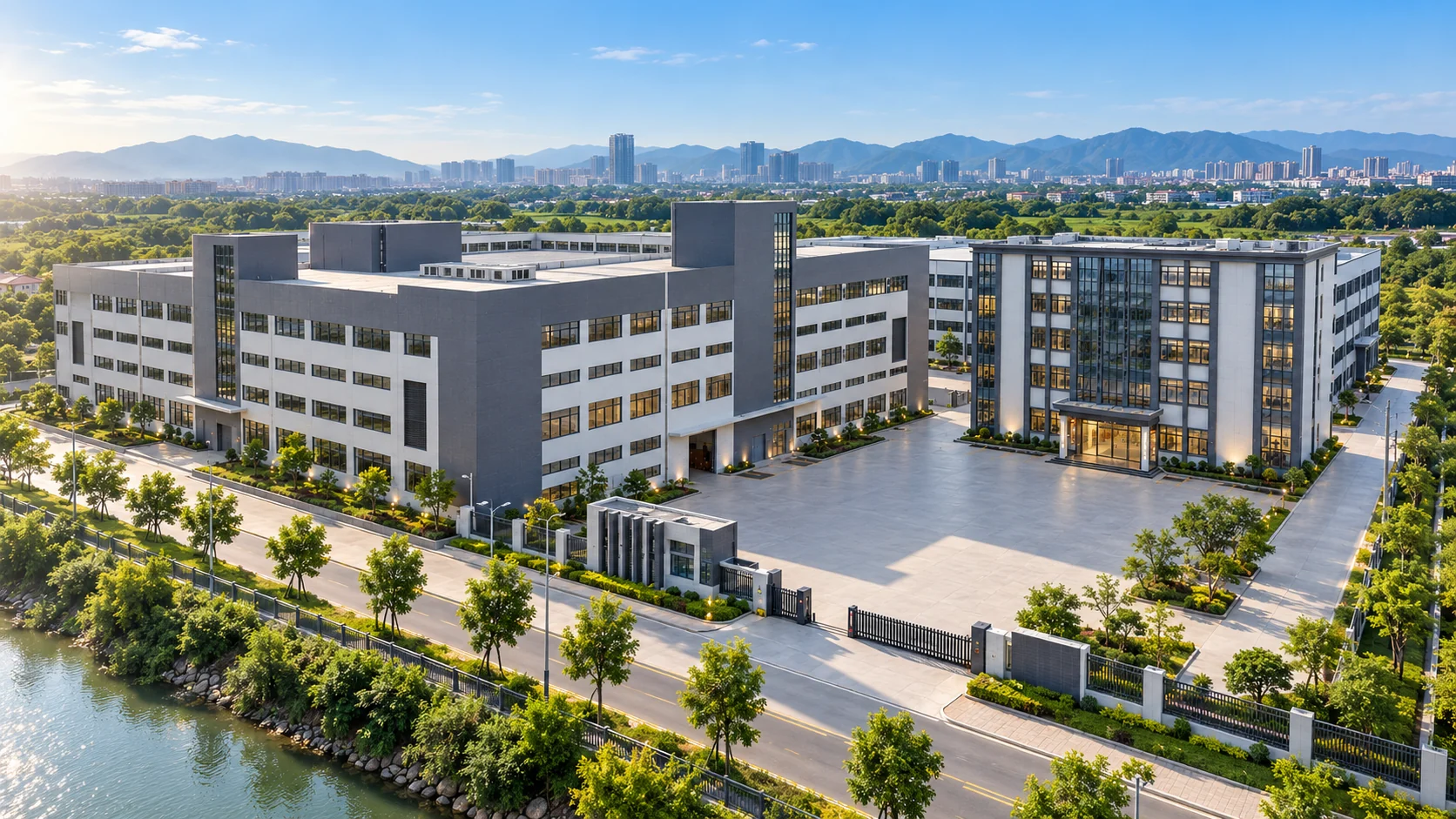 Architectural visualization of the FUKANG bottle factory campus in Yangjiang, based on supplied references