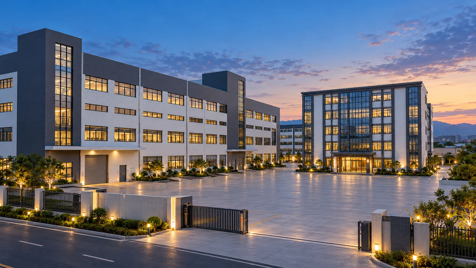 Architectural visualization of the FUKANG Yangjiang factory exterior and courtyard