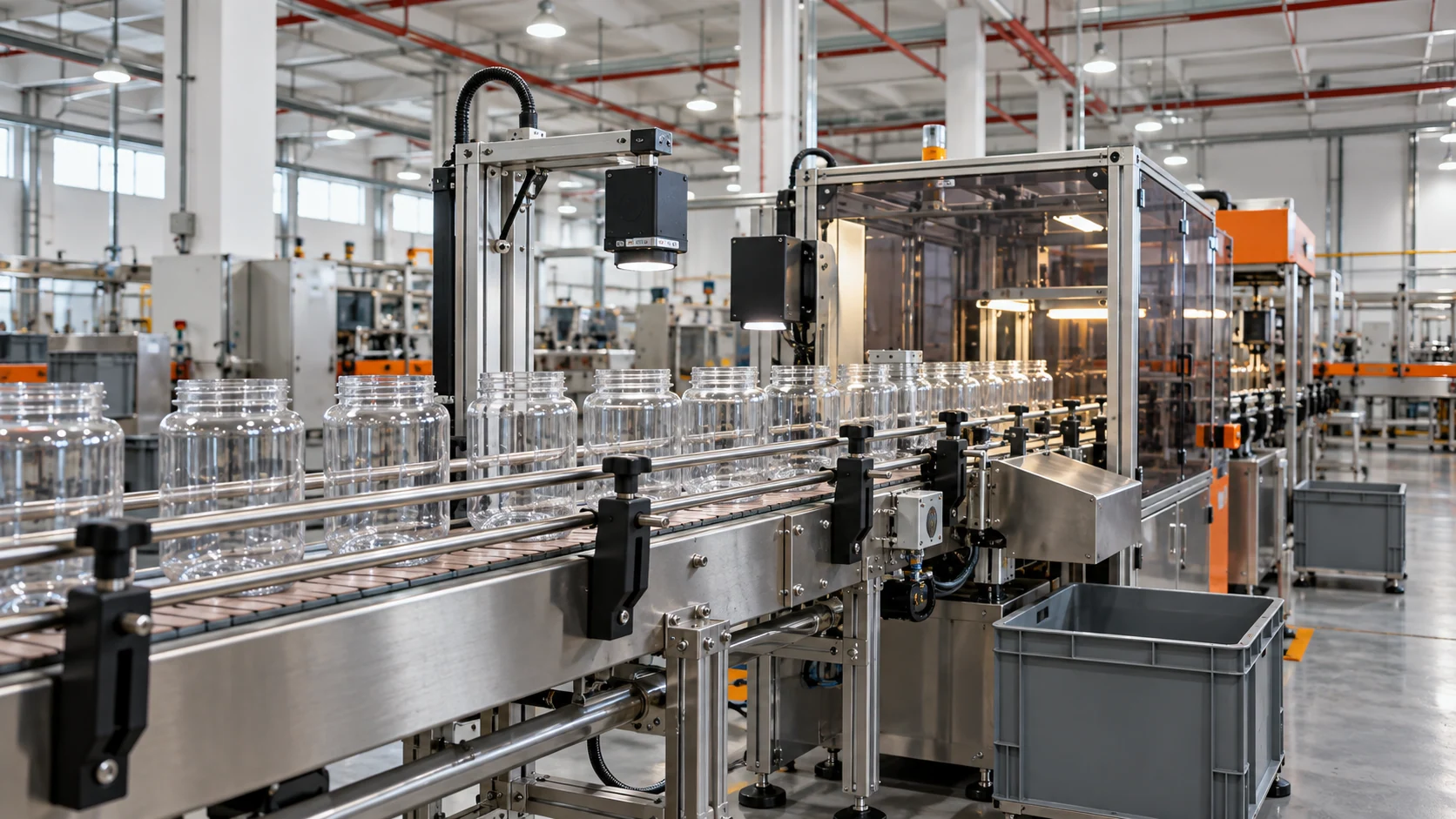 Illustrative inspection line for finished empty plastic packaging containers