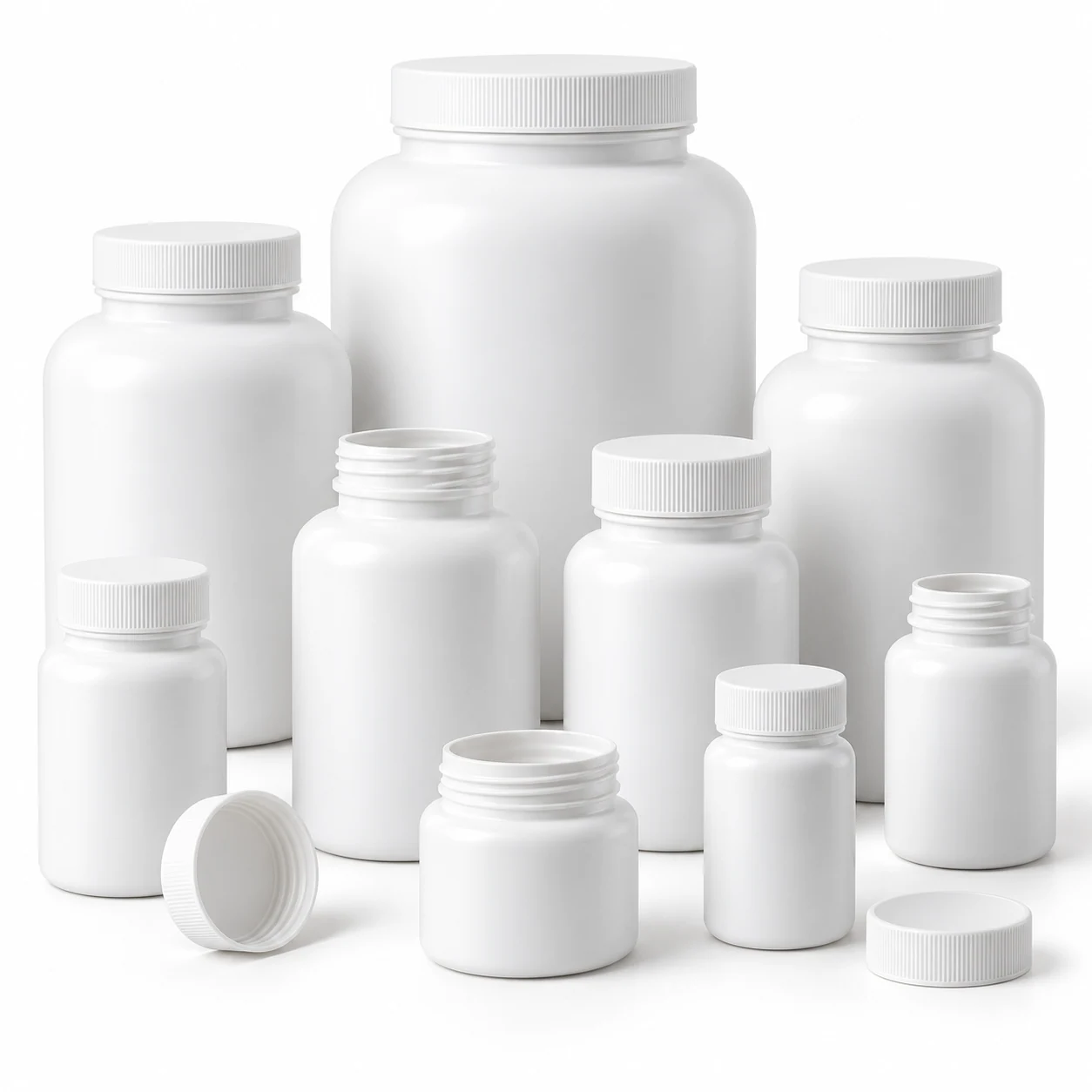 Empty HDPE tablet and capsule bottles with matching closures