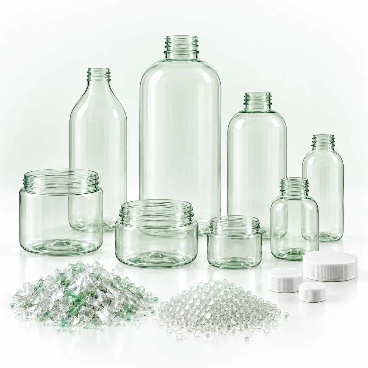 Empty clear and green Kyco packaging containers with separate recycled material samples