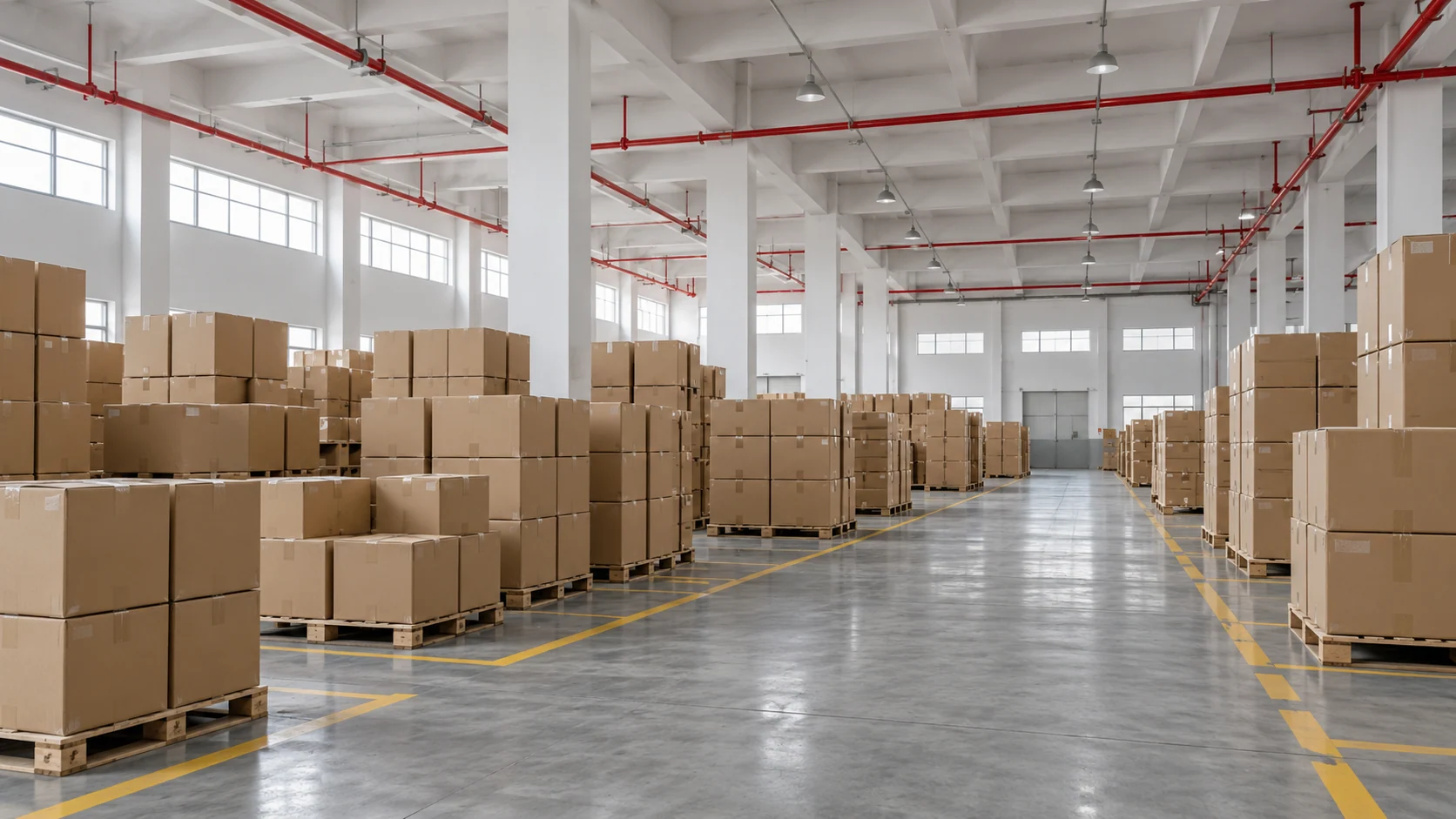 Illustrative packaging warehouse with organized cartons and pallets for dispatch