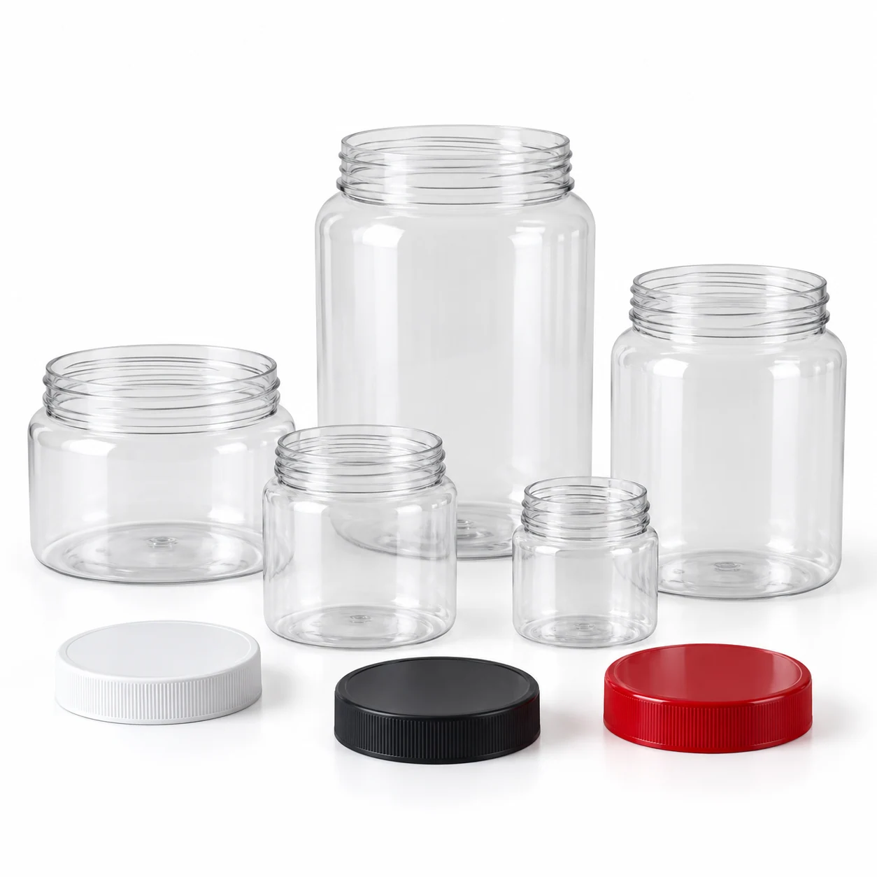 Empty clear PET food jars in assorted sizes with screw caps