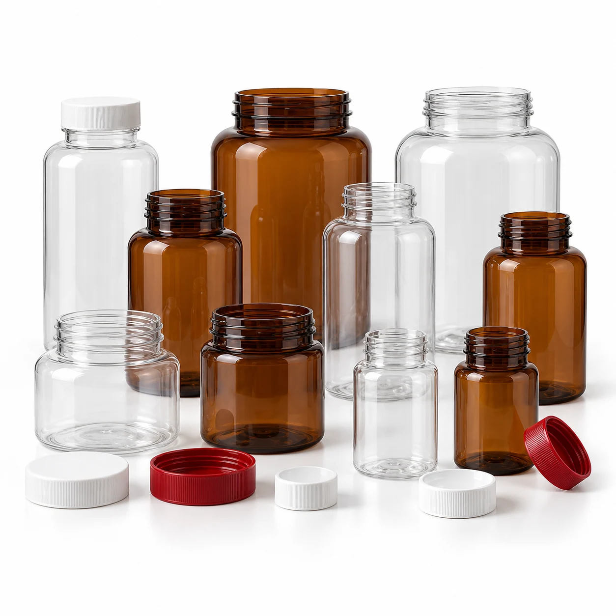 Empty unlabeled PET supplement bottles in different sizes with matching caps