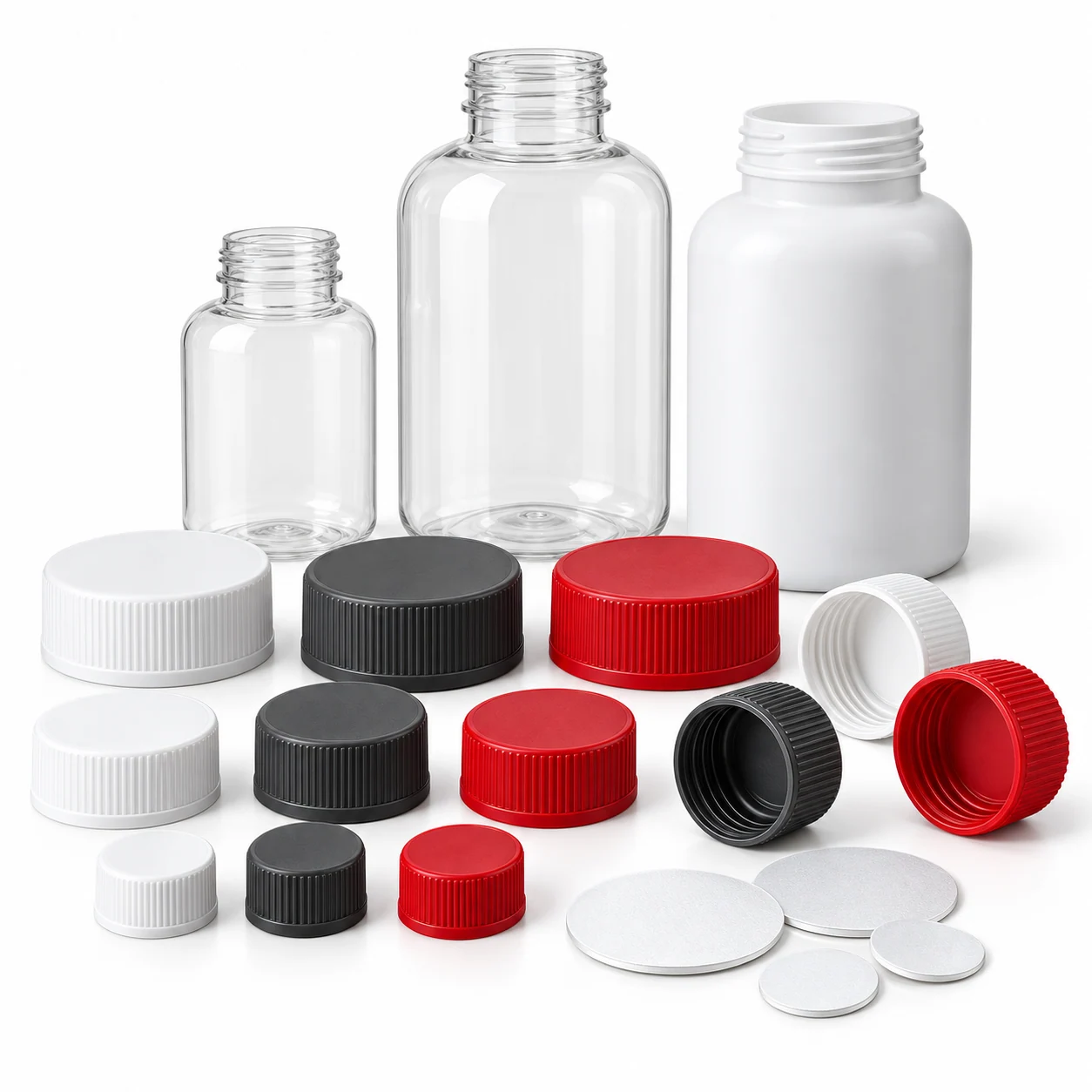 Plastic bottle caps and closure options displayed with empty containers