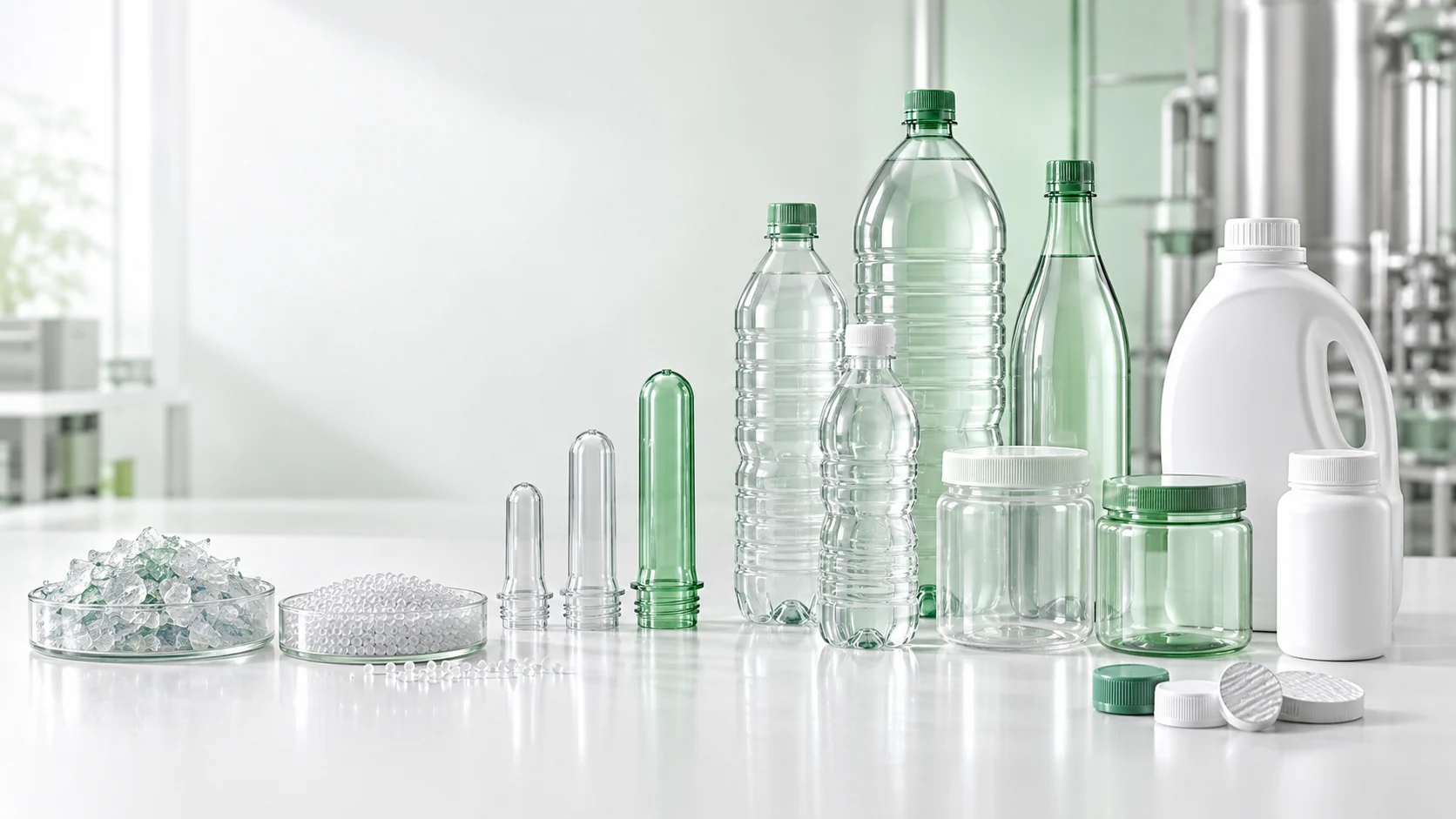 Empty rPET packaging bottles, PET preforms and separately displayed recycled flakes and pellets